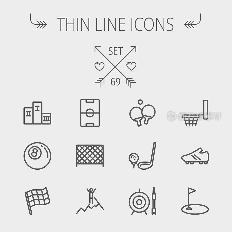 Sports thin line icon set